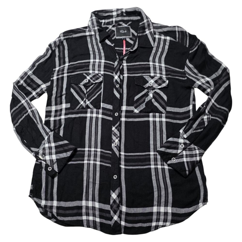 Rails Womens Small Black Gray Plaid Button Down Shirt Rayon Flannel Western